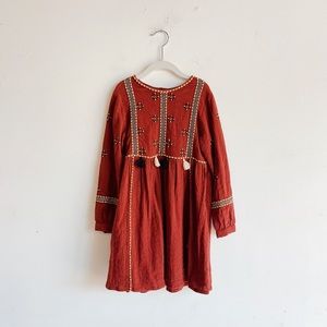 Zara Kids Girls Rust Cotton Embroidered Boho Dress Size 7